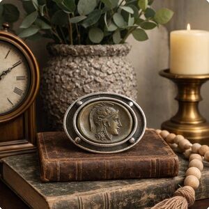 BEN-AMUN Rare Vintage Etruscan-Revival Roman Soldier Coin Brooch